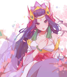 Rule 34 | 1girl, blush, bow, bracelet, breasts, cherry blossoms, facial mark, fins, flower, forehead mark, hair ornament, hand up, heart, highres, jewelry, large breasts, league of legends, long hair, nami (league of legends), open mouth, purple hair, red bow, ruan chen yue, signature, splendid staff nami, teeth, upper teeth only, white background