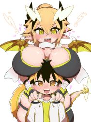 Rule 34 | 1boy, 1girl, ?, @ @, absurdres, age difference, black hair, blonde hair, blush, breast rest, breasts, breasts on head, crossed bangs, dragon girl, dragon horns, dragon tail, dragon wings, fingerless gloves, gloves, hair between eyes, hair ornament, hand on another&#039;s shoulder, heart, height difference, highres, horns, huge breasts, lightning bolt, lightning bolt hair ornament, lightning bolt symbol, long hair, nakamura yuto, onee-shota, original, pointy ears, ponytail, raisei no ryu tsukai, san-chan, sharp teeth, short hair, short shorts, shorts, simple background, sports bra, tail, teeth, thick thighs, thighs, white background, wings, yellow eyes, zetsu (zyej5442)