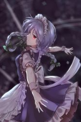 Rule 34 | 1girl, apron, blue dress, blurry, blurry background, braid, dress, grey hair, hair ribbon, izayoi sakuya, looking at viewer, maid, maid apron, maid headdress, minust, outstretched arms, profile, red eyes, ribbon, short hair, solo, touhou, twin braids, wrist cuffs