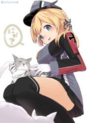 Rule 34 | 1girl, anchor hair ornament, animal, aqua eyes, black skirt, black thighhighs, blonde hair, blush, breasts, cat, cross, dx (dekusu), closed eyes, from below, gloves, hair ornament, hat, highres, iron cross, kantai collection, legs together, long hair, looking at viewer, looking down, medium breasts, military, military uniform, open mouth, peaked cap, pleated skirt, prinz eugen (kancolle), simple background, skirt, solo, speech bubble, squatting, thighhighs, translated, twintails, twitter username, uniform, white background, white gloves