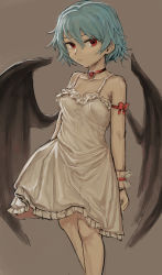 Rule 34 | 1girl, absurdres, alternate costume, bat wings, black wings, blue hair, bow, breasts, brown background, choker, cleavage, closed mouth, dress, expressionless, feet out of frame, hair between eyes, hakonnbo, highres, looking at viewer, medium breasts, red bow, red choker, red eyes, remilia scarlet, short hair, simple background, solo, sundress, touhou, wings, wrist cuffs