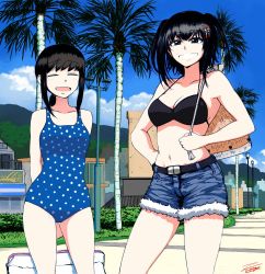Rule 34 | 2girls, bag, bikini, bikini top only, black bikini, black hair, blue shorts, blue sky, blue one-piece swimsuit, breasts, casual one-piece swimsuit, cleavage, cloud, collarbone, commentary request, commission, cowboy shot, cutoffs, day, denim, denim shorts, closed eyes, facing viewer, fubuki (kancolle), green eyes, hair ornament, highres, i f s, kantai collection, looking at viewer, low ponytail, medium breasts, midriff, multiple girls, one-piece swimsuit, outdoors, polka dot, polka dot swimsuit, ponytail, road, sendai (kancolle), short ponytail, shorts, sidelocks, skeb commission, sky, standing, street, swimsuit, two side up