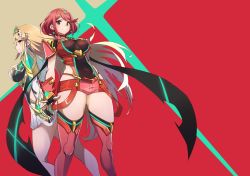 Rule 34 | 2girls, armor, bad id, bad twitter id, blonde hair, bodysuit, breasts, cleavage, cover, cover page, covered navel, dress, dual persona, earrings, fingerless gloves, gloves, hair ornament, headpiece, jewelry, large breasts, long hair, looking at viewer, multiple girls, mythra (xenoblade), nintendo, nuezou, pauldrons, pyra (xenoblade), red eyes, red hair, red shorts, short hair, short shorts, shorts, shoulder armor, sidelocks, skirt, smile, source request, thighhighs, tiara, very long hair, wallpaper, xenoblade chronicles (series), xenoblade chronicles 2, xenoblade chronicles (series), xenoblade chronicles 2, yellow eyes