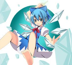 Rule 34 | 1girl, :d, aa44, bad anatomy, bad feet, bad hands, barefoot, blue eyes, blue hair, bow, cirno, dress, hair bow, ice, ice wings, matching hair/eyes, open mouth, poorly drawn, ribbon, smile, solo, touhou, wings