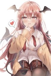 Rule 34 | 1girl, backlighting, bat wings, beige sweater, bloom, breasts, cleavage, cowboy shot, demon tail, fang, hand on own chin, head wings, heart, highres, koakuma, light smile, long hair, looking at viewer, maruro, medium breasts, necktie, off shoulder, pantyhose, parted lips, pink eyes, plaid, plaid skirt, pointy ears, red hair, simple background, skin fang, skirt, solo, spoken heart, tail, touhou, undone necktie, very long hair, white background, wings