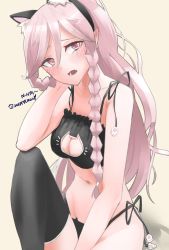 Rule 34 | 1girl, animal ears, artist name, black thighhighs, blush, braid, breasts, cat cutout, cat ears, cat lingerie, cleavage, cleavage cutout, clothing cutout, ear blush, fire emblem, fire emblem awakening, groin, hairband, highres, knee up, long hair, medium breasts, meme attire, midriff, navel, nintendo, olivia (fire emblem), open mouth, panties, pink background, pink eyes, pink hair, side-tie panties, sidelocks, simple background, sitting, skeptycally, solo, thighhighs, twin braids, underwear