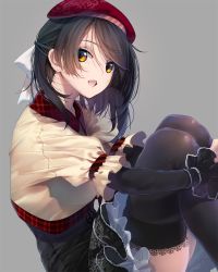 Rule 34 | 1girl, beret, black hair, black thighhighs, bow, brown eyes, earrings, hair bow, hat, hugging own legs, jewelry, looking at viewer, open mouth, original, puffy sleeves, short hair, sitting, skirt, smile, solo, thighhighs, zen99