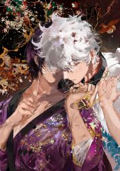 Rule 34 | 2boys, abstract background, absurdres, animal collar, bird, black background, black collar, blood, blood in hair, bug, butterfly, clenched hand, collar, collarbone, defeat, eurasian tree sparrow, fingernails, floral background, gintama, hand on another&#039;s chin, highres, insect, japanese clothes, kimono, long sleeves, male focus, messy hair, multiple boys, necessarytothink, parted lips, pectoral cleavage, pectorals, purple hair, purple kimono, red eyes, sakata gintoki, scar, scar on arm, short hair, sleeves past elbows, sparrow, string, string around finger, string around neck, string of fate, takasugi shinsuke, upper body, white hair, white kimono, yaoi, yellow butterfly