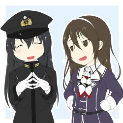 Rule 34 | 10s, 2girls, ^ ^, ashigara (kancolle), black hair, blue background, brown eyes, brown theme, chibi, closed eyes, commentary request, epaulettes, closed eyes, fang, female admiral (kancolle), gloves, hair between eyes, hairband, hands on own hips, hands together, hat, jacket, kantai collection, long hair, military, military hat, military uniform, multiple girls, neckerchief, niwatazumi, open mouth, peaked cap, remodel (kantai collection), sidelocks, sketch, smile, tatebayashi sakurako, uniform