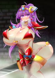 Rule 34 | 1girl, armor, bikini armor, blush, breasts, cleavage, highres, huge breasts, long hair, looking at viewer, open mouth, patchouli knowledge, ponytail, purple eyes, purple hair, rindou (p41neko), solo, standing, sweat, sword, tagme, touhou, weapon, wide hips