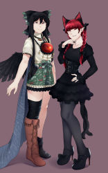 Rule 34 | 2girls, animal ears, ankle boots, arms at sides, asymmetrical clothes, asymmetrical footwear, asymmetrical legwear, bird wings, black dress, black hair, black wings, boots, bow, braid, cape, cat ears, cat tail, collarbone, corset, cross-laced footwear, dress, extra ears, feathered wings, fishnet pantyhose, fishnets, frilled dress, frills, full body, grin, hair between eyes, hair bow, half-closed eyes, hand on own chin, hand on own hip, high heels, highres, intertwined tails, jewelry, kaenbyou rin, knee boots, lace-up boots, long hair, long sleeves, looking at viewer, mary janes, mismatched footwear, multiple girls, multiple tails, nekomata, nicutoka, outstretched arm, pantyhose, pendant, pointy ears, red eyes, red hair, reiuji utsuho, shirt, shoes, simple background, single boot, single thighhigh, skirt, slit pupils, smile, smirk, standing, tail, thighhighs, third eye, touhou, twin braids, two tails, uneven footwear, uneven legwear, wing collar, wings, zettai ryouiki
