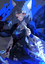 Rule 34 | 1girl, absurdres, animal ear fluff, animal ears, arknights, black jacket, black vest, blood, blood on clothes, blood on face, blue hair, blue necktie, chinese commentary, closed mouth, commentary request, frown, highres, holding, holding sword, holding weapon, jacket, long hair, long sleeves, looking at viewer, necktie, official alternate costume, open clothes, open jacket, orange eyes, shirt, sketch, solo, sword, texas (arknights), texas the omertosa (arknights), upper body, vest, weapon, white shirt, wolf ears, yan ge