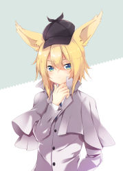 Rule 34 | 1girl, animal ear fluff, animal ears, black hat, blonde hair, blue eyes, blue necktie, blush, capelet, closed mouth, collared shirt, commentary request, commission, green background, grey capelet, grey jacket, hair between eyes, hand up, hat, highres, jacket, long hair, long sleeves, looking at viewer, natsuki yuu (amemizu), necktie, original, pixiv commission, shirt, solo, two-tone background, upper body, white background, white shirt