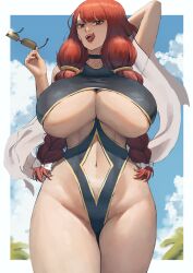 Rule 34 | 1girl, arm behind head, bare shoulders, bikini, blue sky, blush, border, braid, breasts, brown eyes, choker, cleavage, collarbone, cowboy shot, curvy, day, ethan69 (anhuzart), fairy tail, gluteal fold, groin, highleg, highres, holding, holding removed eyewear, huge breasts, irene belserion, large breasts, licking lips, lips, long hair, looking at viewer, mature female, navel, open mouth, outdoors, palm tree, red hair, sash, sidelocks, sky, slingshot swimsuit, smile, solo, standing, summer, sunglasses, swimsuit, thick thighs, thighs, tongue, tongue out, tree, twintails, underboob, unworn eyewear, very long hair, white border, white sash, wide hips