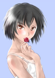 Rule 34 | 1girl, amagami, bare shoulders, black hair, blue background, blush, bob cut, brown eyes, camisole, cherry, eating, food, fruit, looking at viewer, looking to the side, murasaki iro, nanasaki ai, portrait, short hair, simple background, solo, tan, tanline