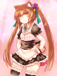 Rule 34 | 1girl, :&lt;, animal ear fluff, animal ears, bad id, bad pixiv id, black thighhighs, blush, brown eyes, brown hair, flower, frilled thighhighs, frills, hair flower, hair ornament, hands on own hips, long hair, looking at viewer, maid, nanashin naomi, neko (naomi), open mouth, original, pink background, solo, star (symbol), tail, thighhighs, twintails