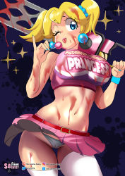 Rule 34 | 1girl, absurdres, bare shoulders, blonde hair, blood, blue eyes, breasts, cameltoe, candy, chainsaw, cheerleader, closed mouth, clothes lift, cosplay, cowboy shot, crop top, earrings, food, highres, jewelry, juliet starling, juliet starling (cosplay), large breasts, lollipop, lollipop chainsaw, mario (series), midriff, miniskirt, nail polish, navel, nintendo, one eye closed, panties, pink skirt, princess peach, purple background, sasa tseng, short twintails, skirt, skirt lift, sleeveless, solo, standing, thighhighs, tongue, tongue out, twintails, underwear, white panties, white thighhighs, wink, wristband