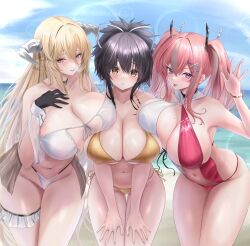 Rule 34 | 3girls, absurdres, arched back, asuka (senran kagura), asymmetrical docking, azur lane, bare shoulders, beach, bikini, black gloves, black hair, blonde hair, blue sky, blush, breast press, breasts, breasts on breasts, bremerton (azur lane), brown eyes, cleavage, collarbone, crossover, eyepatch bikini, front-tie bikini top, front-tie top, gloves, gold bikini, grey hair, hair between eyes, hand on own chest, hands on own knees, hands up, highres, horns, huge breasts, implacable (azur lane), long hair, looking at viewer, medium hair, multicolored hair, multiple girls, navel, noa (skae3323), ocean, one-piece swimsuit, open mouth, orange eyes, outdoors, pink eyes, pink hair, pink one-piece swimsuit, pink slingshot swimsuit, ponytail, sand, see-through, senran kagura, shore, side-tie bikini bottom, sidelocks, sky, slingshot swimsuit, smile, streaked hair, swimsuit, thighs, tilted head, tongue, tongue out, twintails, two-tone swimsuit, very long hair, water, white bikini, white one-piece swimsuit