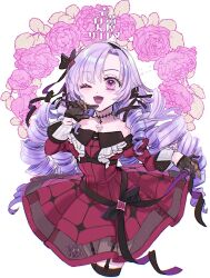 Rule 34 | 1girl, black choker, black gloves, black ribbon, black thighhighs, breasts, choker, claws, cropped legs, detached sleeves, dress, dress ribbon, drill hair, flower, garter straps, gloves, hagihara takeo, hair ribbon, half gloves, hand to own mouth, highres, hyakumantenbara salome, hyakumantenbara salome (1st costume), juliet sleeves, long hair, long sleeves, medium breasts, nijisanji, off-shoulder dress, off shoulder, one eye closed, open mouth, pink eyes, pink flower, puffy sleeves, purple hair, red dress, red sleeves, ribbon, ringlets, smile, solo, thighhighs, virtual youtuber