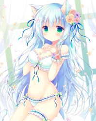 Rule 34 | 1girl, animal ears, bare shoulders, blue hair, blue ribbon, blush, bra, breasts, bridal garter, cat ears, cleavage, collarbone, commentary request, curtains, flower, frilled bra, frilled panties, frills, green bra, green eyes, green panties, groin, hair between eyes, hair flower, hair ornament, hair ribbon, hands up, hasekura chiaki, long hair, looking at viewer, medium breasts, navel, original, panties, pink flower, purple flower, red flower, red rose, ribbon, rose, solo, transparent, two side up, underwear, underwear only, very long hair, window, yellow flower, yellow rose