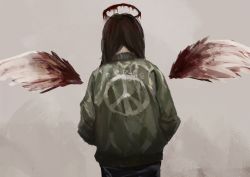 Rule 34 | 1girl, back, blood, blood halo, blood in hair, bloody wings, brown hair, daruma karei, detached wings, dripping, green jacket, halo, hands in pockets, highres, jacket, liquid halo, long hair, melting halo, original, peace symbol, solo, standing, wings