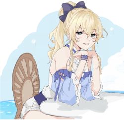 Rule 34 | 1girl, aqua flower, bare shoulders, blonde hair, blue bow, blue eyes, blue footwear, blush, bow, chair, commentary request, detached sleeves, frilled sleeves, frills, genshin impact, grin, hair between eyes, hair bow, high-waist shorts, high heels, high ponytail, highres, jean (genshin impact), jean (sea breeze dandelion) (genshin impact), looking at viewer, medium hair, o-ring, official alternate costume, open mouth, ponytail, shading eyes, shorts, sidelocks, sitting, smile, solo, sushi 171, table, teeth, thighlet, thighs, white shorts, wide sleeves, wristband