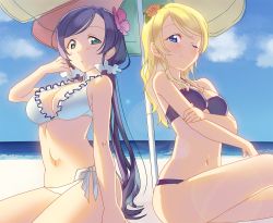 Rule 34 | 10s, 2girls, :o, ;), ayase eli, beach, beach umbrella, bikini, blonde hair, blue eyes, blue sky, blush, breasts, closed mouth, cloud, day, flower, frilled bikini, frills, green eyes, hair down, hair flower, hair ornament, hair scrunchie, halterneck, hand on own arm, hibiscus, holding own arm, large breasts, lens flare, long hair, love live!, love live! school idol festival, love live! school idol project, low twintails, multiple girls, o-ring, o-ring bikini, o-ring top, ocean, on ground, one eye closed, outdoors, pink flower, purple bikini, rose, sand, scrunchie, shade, shared umbrella, side-tie bikini bottom, sitting, sky, smile, swept bangs, swimsuit, tomiwo, tojo nozomi, twintails, umbrella, very long hair, white bikini