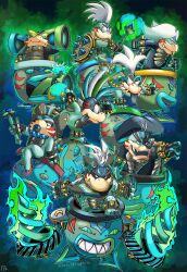 Rule 34 | alternate color, alternate costume, alternate eye color, alternate hair color, armor, aura, bandana, black bandana, black eyeshadow, black gloves, black lips, black neckerchief, blue eyes, blue gemstone, blue hair, bomb, bow, bowser jr., bracelet, claws, commentary, company connection, corruption, crescent, crossed legs, crossover, dark persona, drill, english commentary, evil grin, evil smile, explosive, eyeshadow, facial tattoo, fierce deity, fingerless gloves, fire, floating, frown, fuse, gem, gloves, glowing, glowing weapon, gold, gold teeth, green eyes, green hair, grin, hair bow, hal laboratory, hammer, hand on own hip, handstand, highres, holding, holding bomb, holding hammer, holding rocket launcher, holding wand, holding weapon, horns, iggy koopa, jewelry, junior clown car, koopa clown car, koopalings, larry koopa, lemmy koopa, lipstick, lit fuse, long tongue, looking at viewer, looking to the side, ludwig von koopa, makeup, mario (series), medium hair, mismatched sclera, morton koopa jr., multicolored hair, multiple persona, neckerchief, necklace, nintendo, no pupils, no shoes, one arm handstand, open mouth, outstretched arm, outstretched arms, pointing, ponytail, possessed, possession, rocket launcher, roy koopa, sharp teeth, shoes, short hair, sitting, smile, spiked hair, spiked shell, spikes, standing, standing on one leg, stoic seraphim, sunglasses, super mario bros. 3, super mario sunshine, super smash bros., tail, tattoo, teeth, the legend of zelda, the legend of zelda: majora&#039;s mask, tongue, tongue out, triangle, wand, weapon, wendy o. koopa, white eyes, white hair, wrist guards, x mark