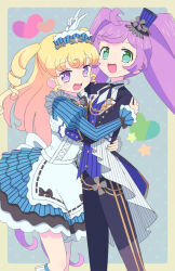 Rule 34 | 2girls, :d, ahoge, apron, arm up, black jacket, black pants, black suit, blonde hair, blue dress, blue headwear, collared shirt, commentary request, dress, feet out of frame, formal, gloves, green eyes, hat, highres, hug, idol time pripara, jacket, juliet sleeves, ku (residual666), long hair, long sleeves, looking at viewer, manaka laala, mini hat, mini top hat, multiple girls, open mouth, outside border, pants, pretty series, pripara, puffy sleeves, purple eyes, purple hair, ringlets, shirt, smile, standing, suit, top hat, twintails, two side up, v, very long hair, white apron, white gloves, white shirt, yumekawa yui