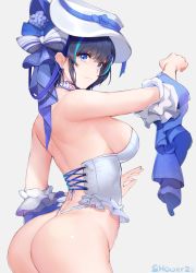 Rule 34 | 1girl, animal ears, arm up, artist name, ass, azur lane, back, backless outfit, bare shoulders, black hair, blue bow, blue hair, blush, bow, breasts, bustier, cat ears, cheshire (azur lane), cheshire (the cat and the white steed) (azur lane), chinese commentary, choker, closed mouth, commentary request, cowboy shot, detached sleeves, eyebrows hidden by hair, hair bow, highres, large breasts, long sleeves, looking at viewer, looking back, multicolored hair, official alternate costume, panties, purple eyes, short hair, short sleeves, showerz, sideboob, simple background, smile, solo, streaked hair, thong, two-tone hair, underwear, underwear only, white background, white bow, white choker, white headwear, white panties