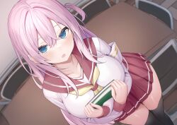 Rule 34 | 1girl, absurdres, armband, black thighhighs, blue eyes, blush, book, breasts, chair, collarbone, fisheye, hair between eyes, highres, holding, holding book, large breasts, legs together, long hair, looking at viewer, neckerchief, non-web source, open mouth, original, pink hair, red sailor collar, red skirt, reinama, sailor collar, school uniform, shirt, sidelocks, skirt, solo, table, thighhighs, white shirt, wooden floor, yellow neckerchief, zettai ryouiki