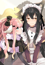 Rule 34 | 2girls, absurdres, animal ear fluff, animal ears, apron, black bow, black capelet, black dress, black hair, blue eyes, blurry, blurry background, blush, bow, brown dress, brown eyes, capelet, commentary request, crown, depth of field, dress, fur-trimmed capelet, fur trim, hair between eyes, hair bow, highres, juliet sleeves, long hair, long sleeves, looking at another, looking away, looking to the side, maid, maid headdress, mini crown, mito (go!go!king!), multiple girls, nose blush, original, pink hair, profile, puffy sleeves, sheep ears, striped, striped bow, tilted headwear, very long hair, waist apron, white apron, wolf ears, yuri