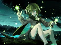 Rule 34 | 1girl, antennae, branch, bug, cape, double finger gun, female focus, finger gun, fireflies, firefly, forest, glowing, green eyes, green hair, highres, insect, insect wings, long sleeves, matching hair/eyes, morino hon, nature, night, scenery, short hair, shorts, socks, solo, star (sky), star (symbol), touhou, tree, wings, wriggle nightbug