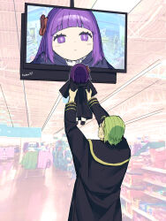 Rule 34 | 1boy, 1girl, absolutely losing it over this picture of my brother with his baby (meme), black dress, black jacket, black shirt, blush stickers, bow, child, dress, fern (sousou no frieren), frown, glasses, green hair, hair bow, heiter, highres, indoors, jacket, long sleeves, medium hair, meme, monitor, nashiroo417, purple eyes, purple hair, red bow, security camera, shelf, shirt, shop, sousou no frieren, television, wooden floor