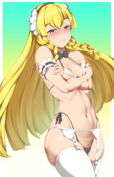 Rule 34 | 1girl, areola slip, arm garter, bad id, bad pixiv id, black bow, black bowtie, black panties, blonde hair, blush, bow, bowtie, bra, braid, breasts, closed mouth, creatures (company), crossed arms, dantes ward, detached collar, embarrassed, game freak, garter belt, garter straps, gradient background, green background, green eyes, highres, lillie (pokemon), long hair, maid headdress, navel, nintendo, panties, pokemon, pokemon sm, skindentation, small breasts, solo, standing, stomach, thighhighs, twin braids, underwear, white bra, white thighhighs