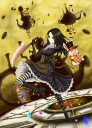 Rule 34 | 1girl, alice: madness returns, alice (alice in wonderland), alice in wonderland, alice liddell (american mcgee&#039;s alice), alternate costume, american mcgee&#039;s alice, american mcgee's alice, animal ears, belt, black &amp; white, black hair, bomb, boots, buckle, clock, clockwork, dress, explosive, feathers, gears, green eyes, hat, highres, jewelry, knife, necklace, pantyhose, patterned legwear, rabbit, red eyes, skirt, striped clothes, striped pantyhose, teapot, top hat, two-tone stripes, weapon, wotashie (nyannpee)