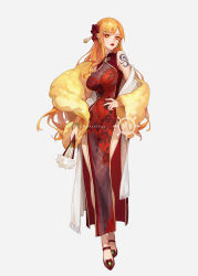 Rule 34 | 1girl, blonde hair, breasts, brown eyes, china dress, chinese clothes, dress, dywx poison, earrings, floral print, full body, hair ornament, hand fan, hand on own hip, highres, holding, holding fan, jewelry, long hair, looking at viewer, medium breasts, nail polish, nami (one piece), one piece, orange nails, print dress, red dress, red lips, shoulder tattoo, side slit, simple background, solo, standing, tattoo, very long hair, white background