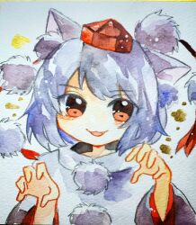 Rule 34 | 1girl, animal ears, grey hair, hat, highres, inubashiri momiji, key747h, looking at viewer, open mouth, painting (medium), paw pose, photo (medium), pom pom (clothes), red eyes, red hat, red tassel, short hair, smile, solo, tokin hat, touhou, traditional media, upper body, watercolor (medium), wide sleeves, wolf ears