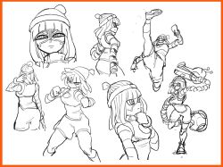 Rule 34 | 1girl, arms (game), beanie, fighting stance, hachinos ssb, hand on own chin, hat, highres, kicking, min min (arms), monochrome, multiple views, serious, short hair, shorts, sketch, white background