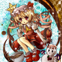 Rule 34 | 1girl, :x, blonde hair, bobby socks, cup, fang, female focus, flandre scarlet, food, food on face, hat, highres, ice cream, mary janes, okemai, ponytail, red eyes, ribbon, shoes, short hair, side ponytail, sleeves past wrists, snowflakes, socks, solo, star (symbol), teacup, embodiment of scarlet devil, touhou, wings