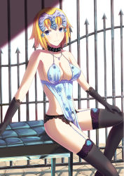 Rule 34 | alternate hair length, alternate hairstyle, artoria pendragon (fate), artoria pendragon (lancer alter) (fate), artoria pendragon (lancer alter) (fate) (cosplay), artoria pendragon (lancer alter) (royal icing) (fate), black gloves, black panties, black thighhighs, blonde hair, blue eyes, blush, breasts, choker, cosplay, fate/apocrypha, fate/grand order, fate (series), fence, garter belt, garter straps, gloves, hand on leg, headpiece, inaroinaroi, jeanne d&#039;arc (fate), jeanne d&#039;arc (ruler) (fate), large breasts, light blush, lingerie, looking at viewer, official alternate costume, panties, short hair, sitting, smile, thighhighs, underwear