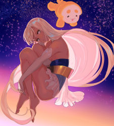 Rule 34 | 1girl, :3, :d, bare shoulders, blonde hair, creature, dark-skinned female, dark skin, elbow gloves, fetal position, floating, floating hair, from side, full body, gloves, gradient background, halterneck, hand on own knee, hand up, highres, hololive, hololive english, layered clothes, long hair, looking at viewer, looking to the side, open mouth, original, outstretched arm, pako (pakosun), plantar flexion, pleated skirt, see-through, sideways glance, skirt, smile, sparkle, tsukumo sana, tsukumo sana (1st costume), very long hair, virtual youtuber, white skirt