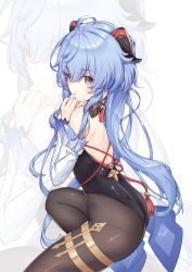 Rule 34 | 1girl, ahoge, ass, back, backless outfit, bare shoulders, black legwear, black leotard, blue hair, bow, bowtie, chinese knot, unworn clothes, curled horns, detached sleeves, flower knot, from side, ganyu (genshin impact), genshin impact, highres, horns, kuroida, leotard, leotard under clothes, long hair, looking at viewer, low ponytail, no gloves, purple eyes, simple background, tassel, thighlet, very long hair, white background, white sleeves