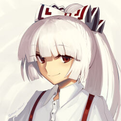 Rule 34 | 1girl, blunt bangs, boa (brianoa), bow, closed mouth, commentary, english commentary, fujiwara no mokou, grey background, hair bow, highres, light blush, long hair, ponytail, red bow, red eyes, shirt, simple background, smile, solo, suspenders, touhou, twitter username, very long hair, white bow, white hair, white shirt, wing collar