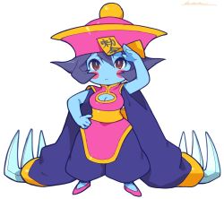 Rule 34 | 1girl, blue hair, blue skin, blush stickers, breasts, chibi, chinese clothes, claws, cleavage, cleavage cutout, closed mouth, clothing cutout, colored skin, flipped hair, full body, hand on own hip, hat, highres, jiangshi, kotatsu (g-rough), lei lei, looking at viewer, ofuda, qingdai guanmao, salute, short hair, signature, solo, standing, vampire (game), white background