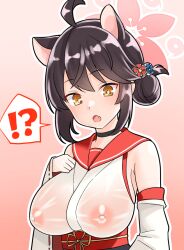 Rule 34 | !?, 1girl, ahoge, animal ears, bare shoulders, black choker, black hair, blue archive, breasts, choker, covered erect nipples, detached sleeves, extra ears, fang, furaggu (frag 0416), gradient background, hair bun, halo, japanese clothes, kaede (blue archive), kimono, large breasts, looking down, open mouth, pink halo, ribbon-trimmed sleeves, ribbon trim, short hair, sideboob, single side bun, skin fang, solo, upper body, white kimono, white sleeves, wide sleeves, yellow eyes