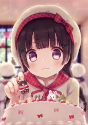 Rule 34 | 1girl, bakery, blurry, blurry background, blush, bow, braid, brown hair, cake, day, food, frown, hair ornament, highres, indoors, kon hoshiro, original, plaid, plaid bow, purple eyes, red bow, shop, solo focus, standing, string of flags, sweat, twin braids, upper body, white headwear, window, x hair ornament