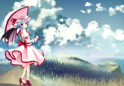 Rule 34 | 1girl, :d, ascot, backless dress, backless outfit, bare back, bat wings, blouse, blue hair, bow, cloud, cloudy sky, collared shirt, day, dress, facing away, fang, frilled dress, frilled shirt, frilled skirt, frills, grass, hat, hat bow, high heels, highres, holding, junior27016, large bow, looking at viewer, looking back, mob cap, nature, no socks, open mouth, parasol, path, pink dress, pink shirt, pink skirt, puffy sleeves, pumps, red eyes, red footwear, remilia scarlet, ribbon, road, shirt, shoes, short sleeves, skirt, skirt set, sky, smile, solo, standing, touhou, umbrella, water, wings, wrist cuffs