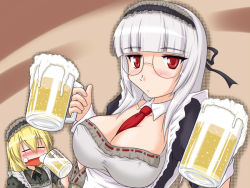 Rule 34 | 2girls, alcohol, beer, between breasts, blonde hair, blush, breasts, cleavage, dirndl, german clothes, glasses, heidimarie w. schnaufer, helma lennartz, large breasts, maid, maid headdress, multiple girls, necktie, oktoberfest, red eyes, silver hair, strike witches, strike witches: suomus misfits squadron, traditional clothes, uramachi katana, world witches series