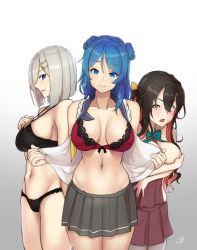 Rule 34 | 10s, 3girls, alternate costume, backless dress, backless outfit, bikini, black bikini, black hair, black skirt, blue eyes, blue hair, blush, bow, bowtie, bra, breasts, breasts out, brown dress, covering breasts, covering privates, cowboy shot, double bun, dress, green bow, green bowtie, groin, hair between eyes, hair bun, hair ornament, hair over one eye, hair ribbon, hairclip, hamakaze (kancolle), hayabusa (vert 320), highres, kantai collection, lace, lace-trimmed bra, lace trim, large breasts, long hair, looking at viewer, miniskirt, multicolored hair, multiple girls, naganami (kancolle), navel, open clothes, open mouth, open shirt, parted lips, pleated skirt, profile, red bra, red hair, ribbon, school uniform, serafuku, shirt, short hair, silver hair, skirt, sleeveless, sleeveless shirt, smile, stomach, swimsuit, two-tone hair, underwear, urakaze (kancolle), yellow eyes, yellow ribbon
